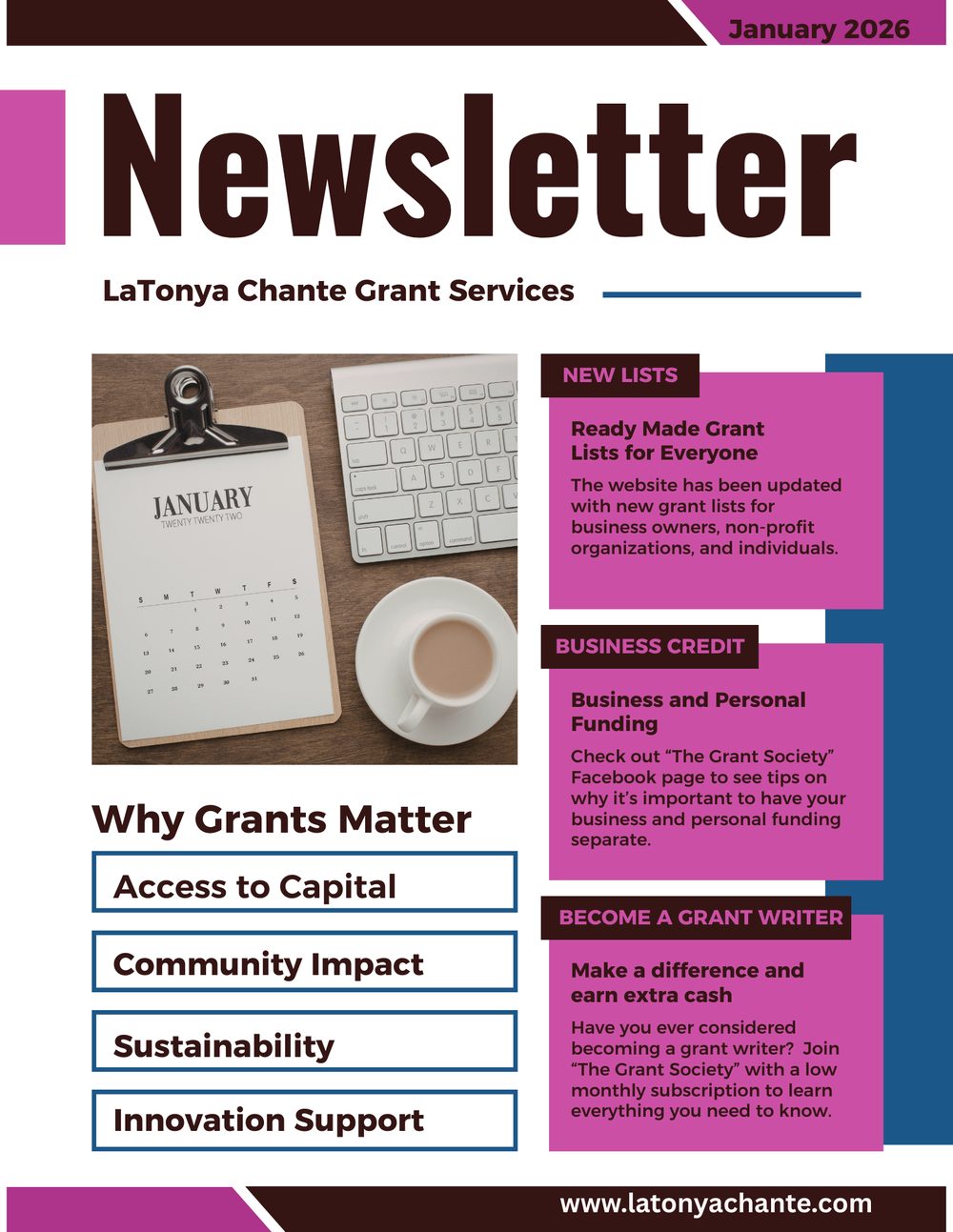 January 2026 newsletter flyer from LaTonya Chante Grant Services