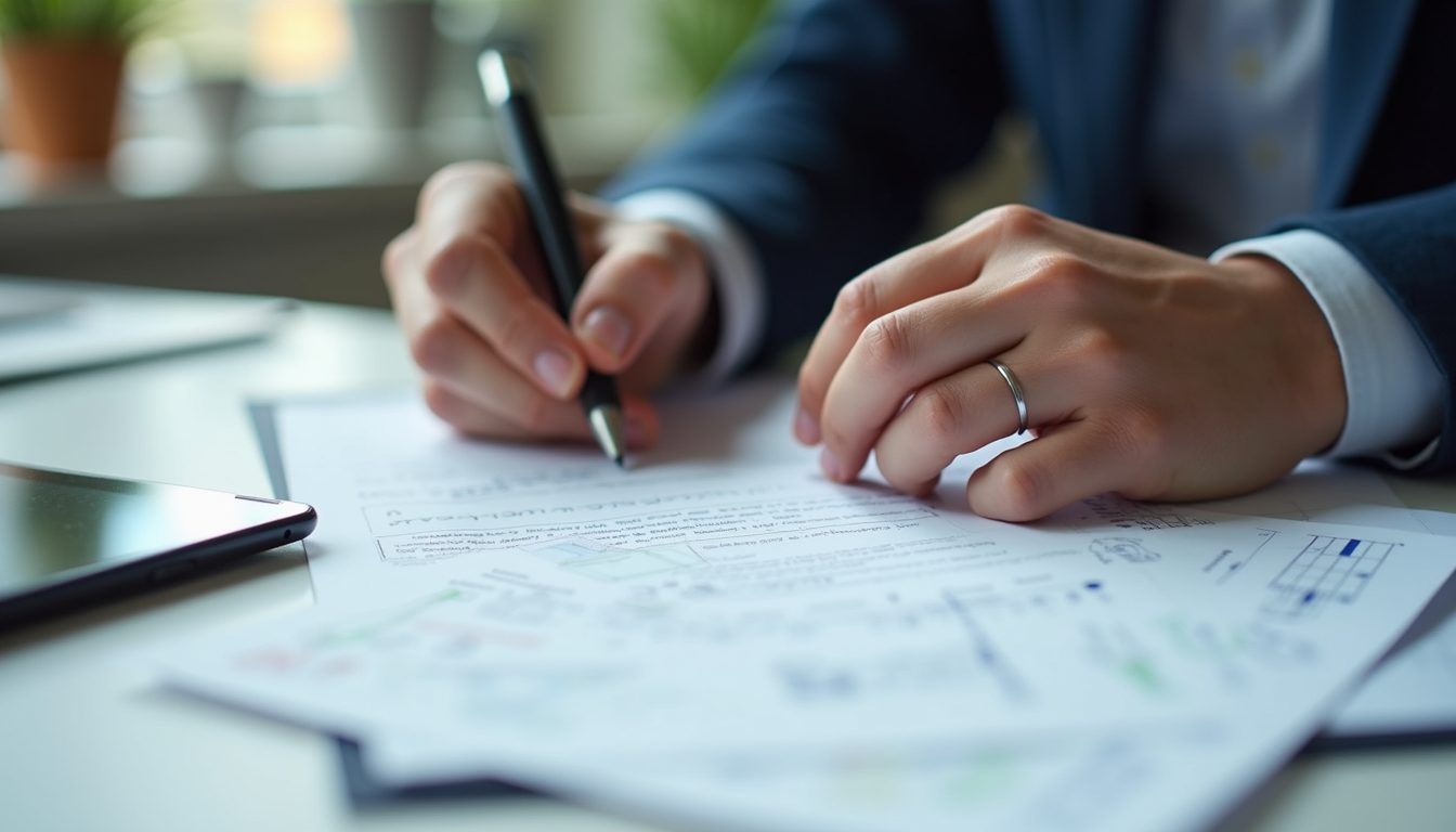 Eye-level view of a person writing notes on a grant proposal document