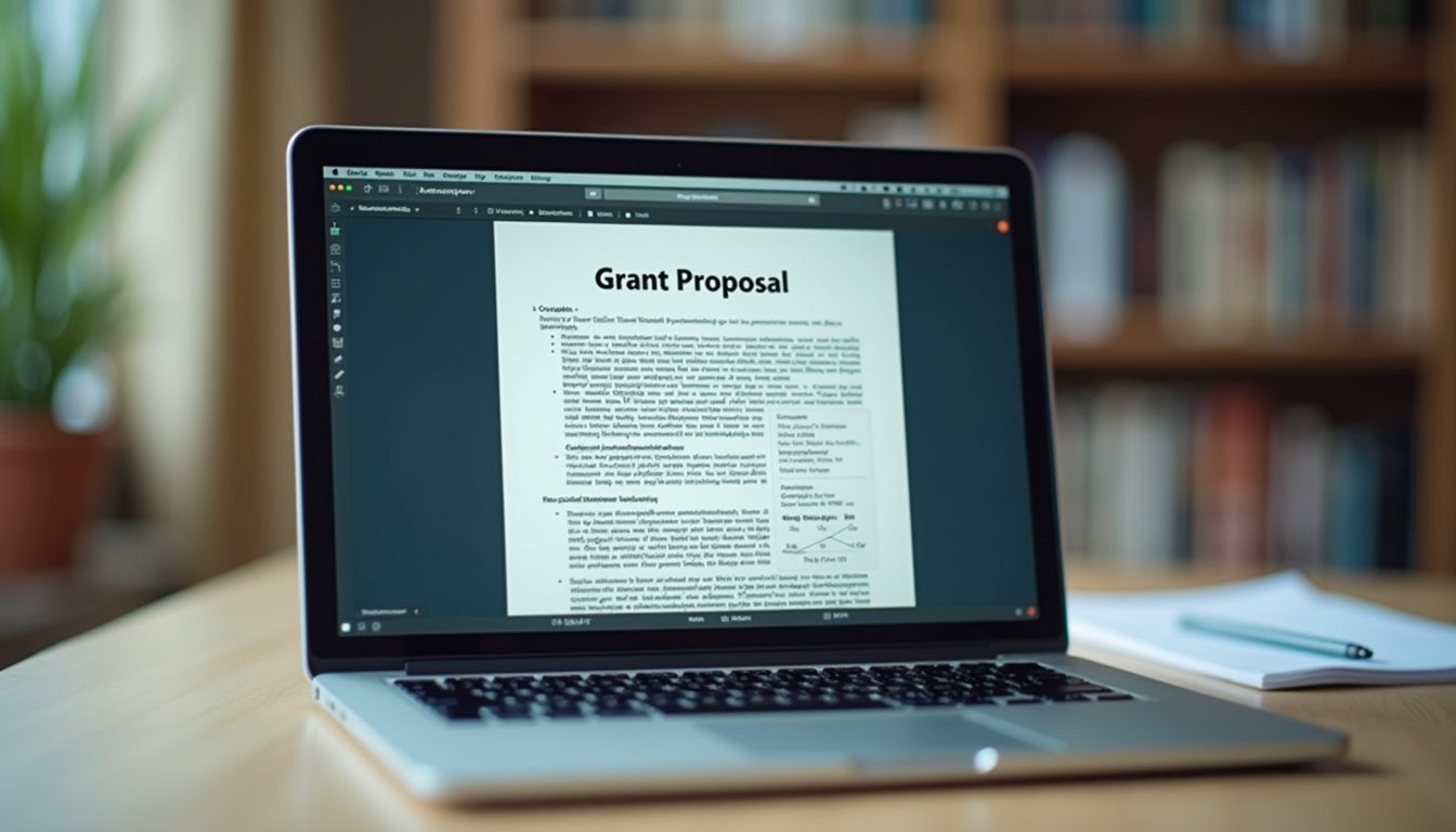 Eye-level view of a laptop screen showing a grant proposal document
