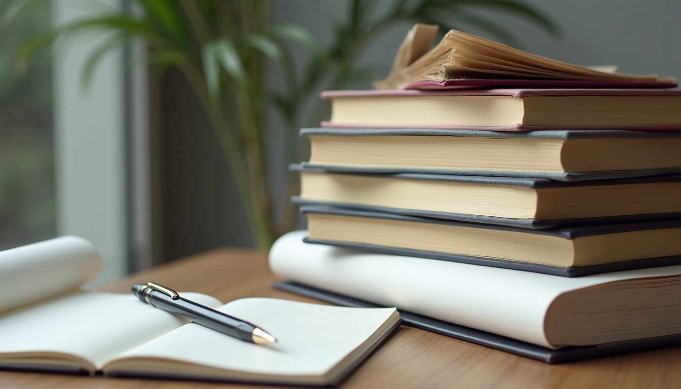 Close-up view of a stack of grant writing books with a notebook and pen