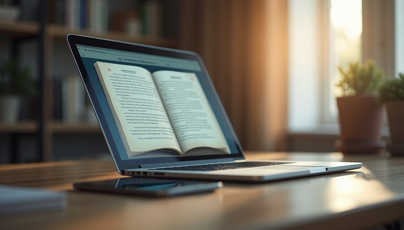 Eye-level view of a laptop displaying an open grant writing book online