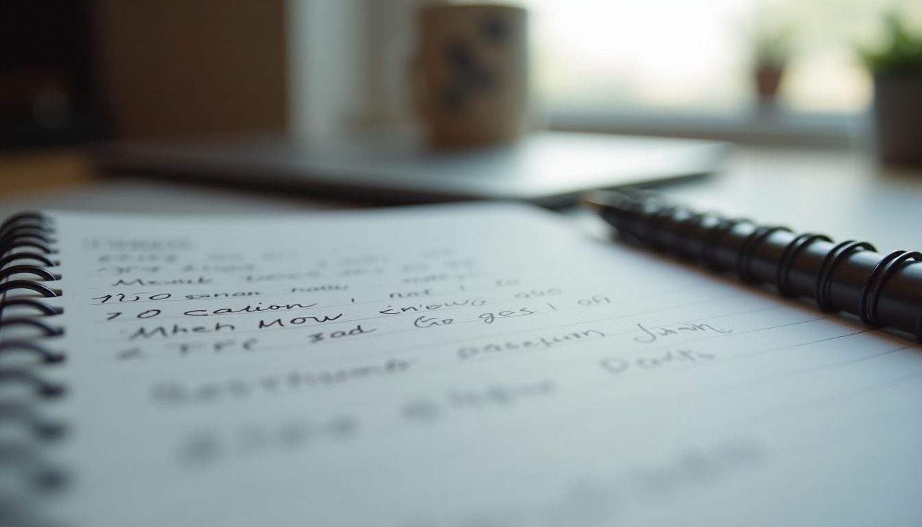 Close-up view of a notebook with handwritten notes and a pen