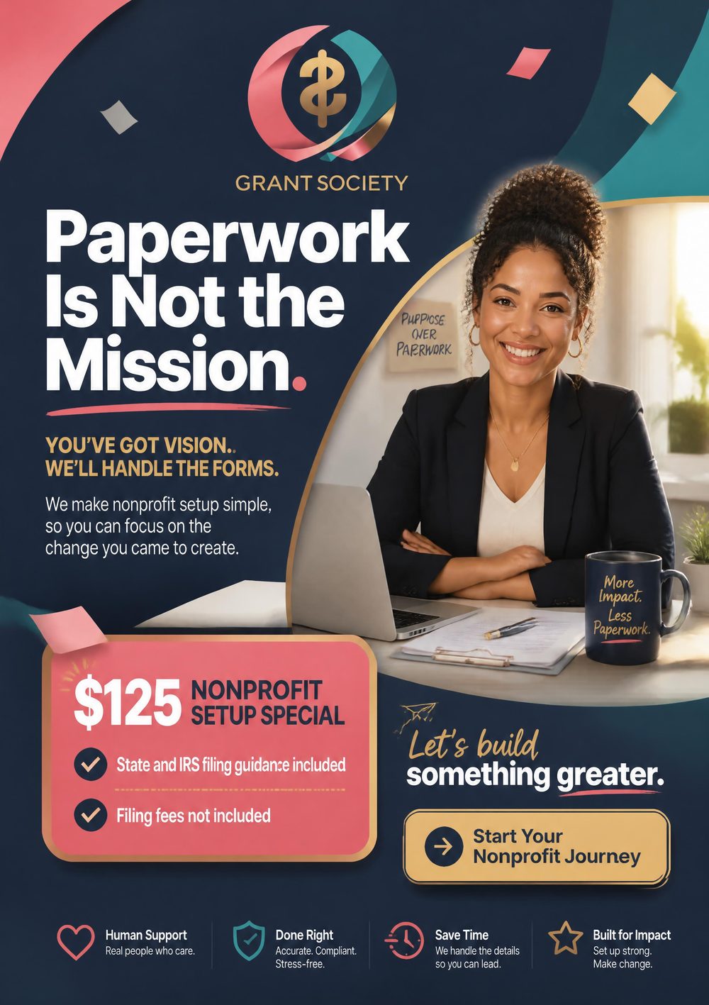 The official Grant Society flyer showcasing funding strategy and community support details.