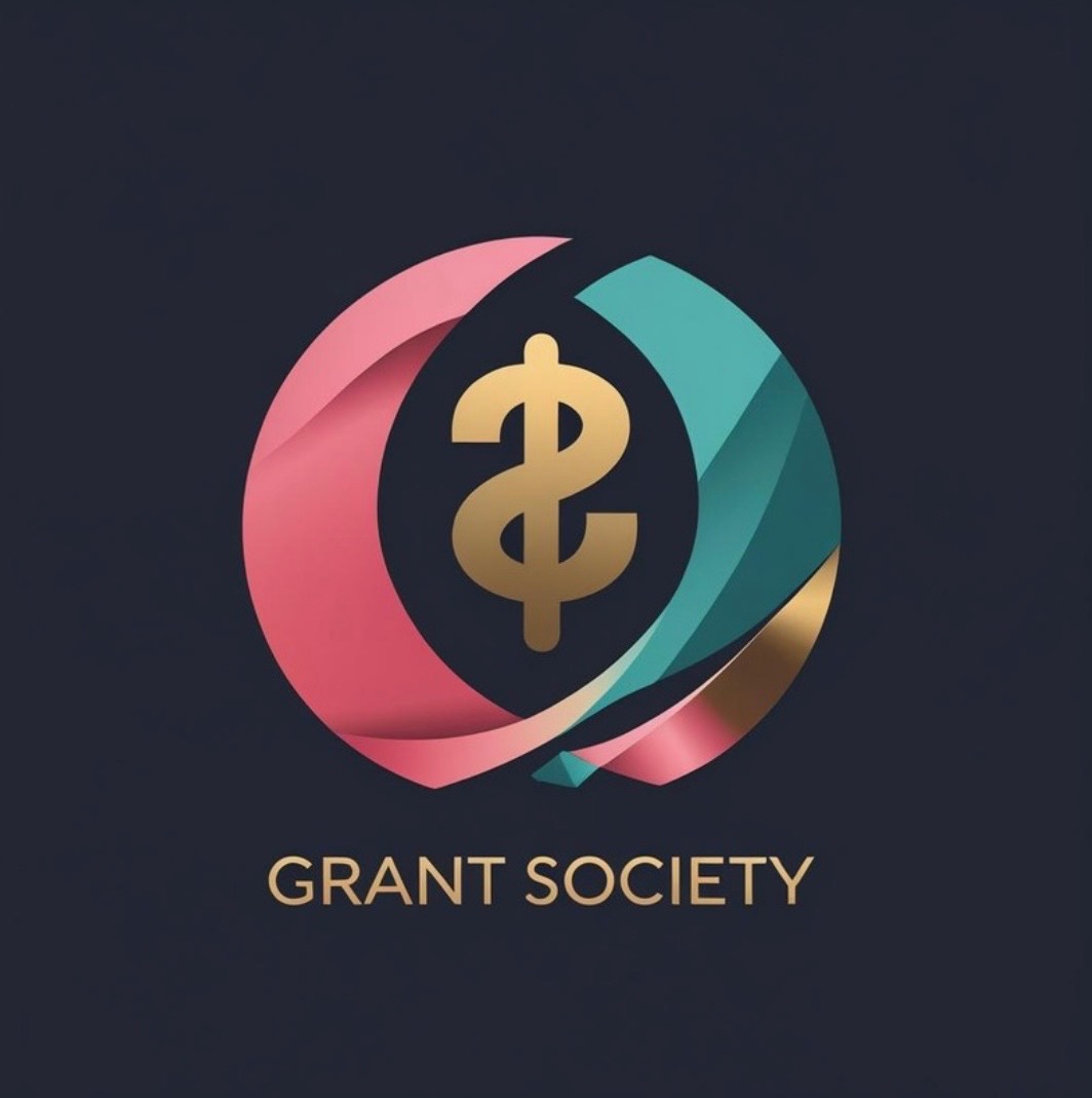 Grant Society logo: a coral and teal ribbon ring around a gold symbol