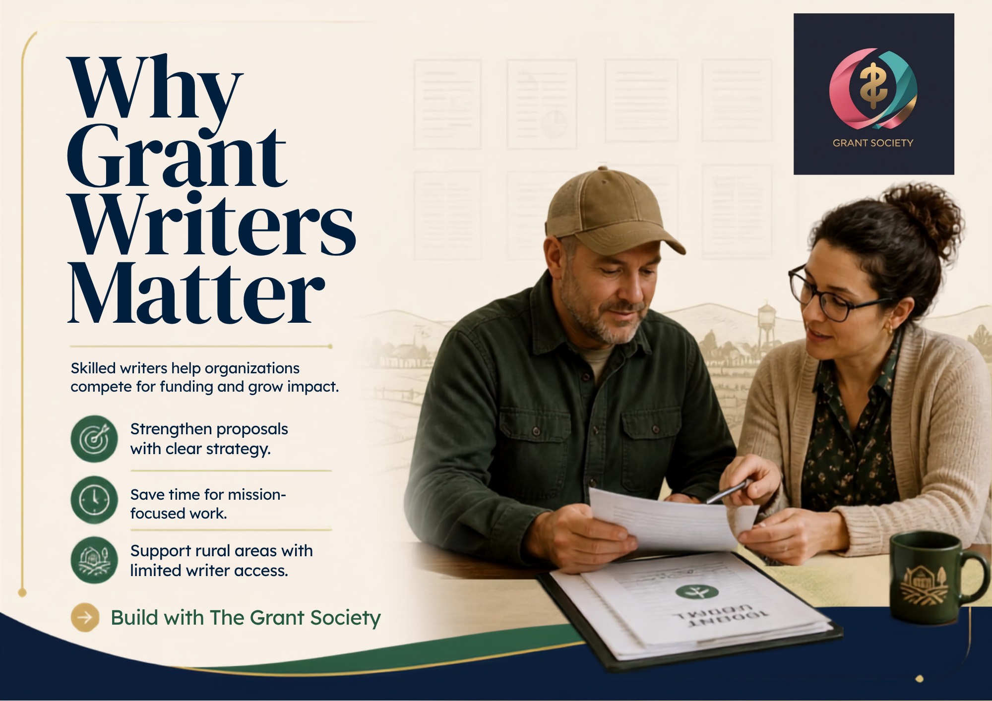 Flyer: Why Grant Writers Matter. Strengthen proposals with clear strategy, save time for mission-focused work, support rural areas with limited writer access. Build with The Grant Society.